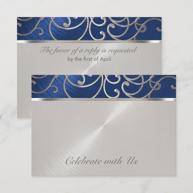 Quinceanera Navy Blue and Silver Filigree Swirls RSVP Card (Front/Back)