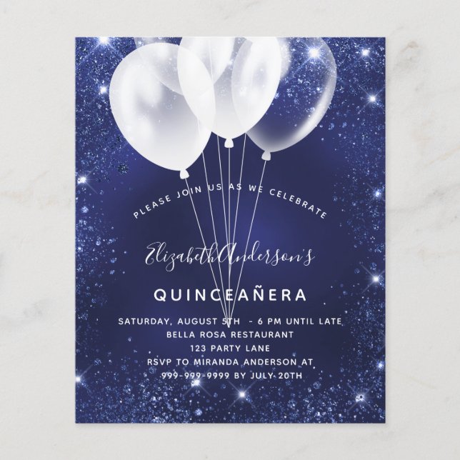 Quinceanera navy blue balloon budget invitation flyer (Front)