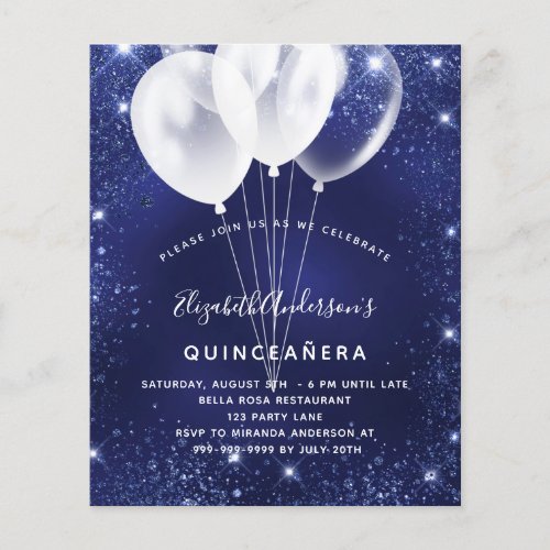 Quinceanera navy blue balloon budget invitation flyer