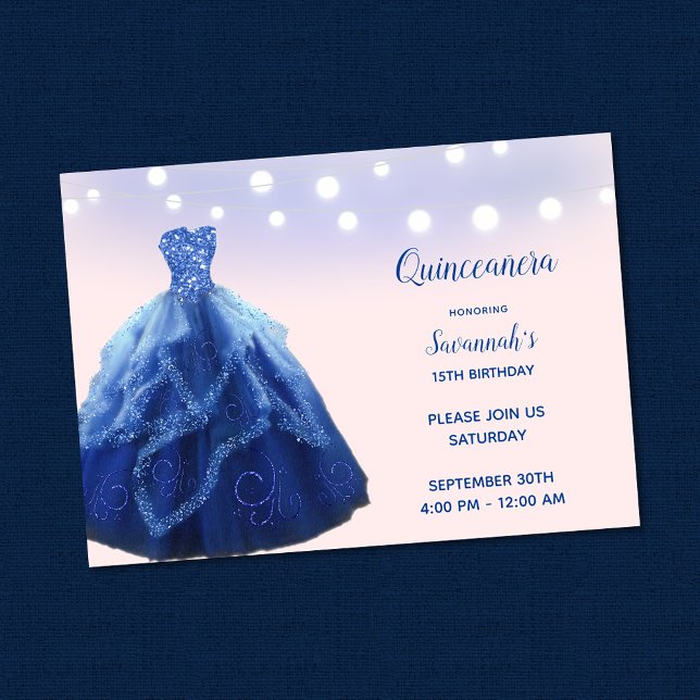 Quinceanera Navy Blue Blush String Lights Invitation (Creator Uploaded)