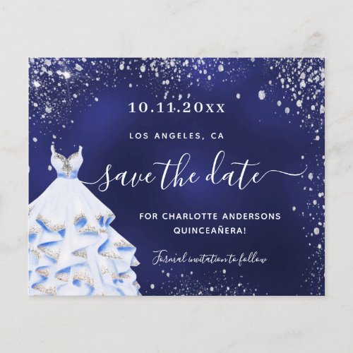 Quinceanera navy blue dress budget save the date flyer