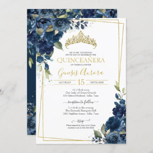 Quinceañera Navy Blue Elegant Watercolor Floral In Invitation