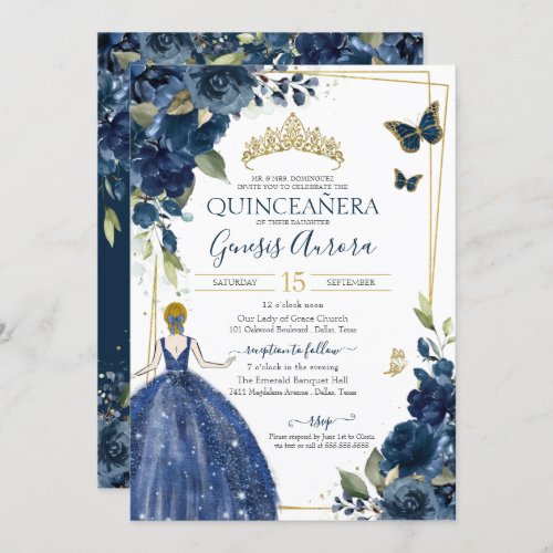 Quinceaera Navy Blue Floral Butterflies and Dress Invitation