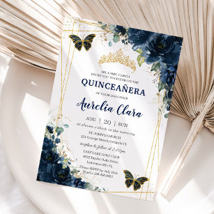 Quinceañera Navy Blue Floral Butterflies Crown  Invitation