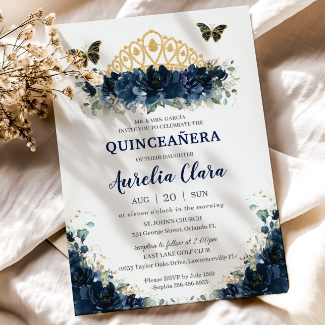Quinceañera Navy Blue Floral Butterflies Crown  Invitation (Creator Uploaded)