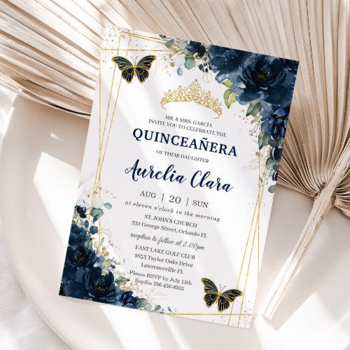 Quinceaera Navy Blue Floral Butterflies Crown  Invitation