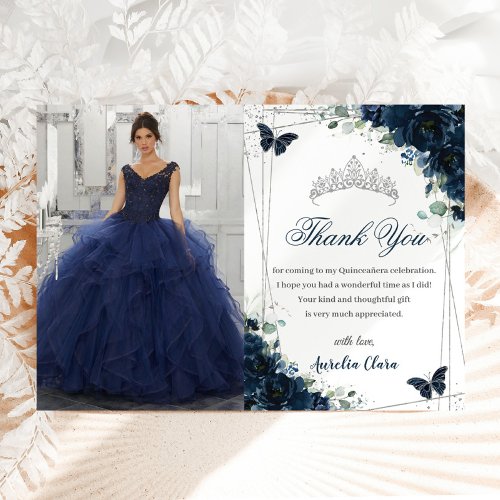 Quinceaera Navy Blue Floral Butterflies Picture Thank You Card