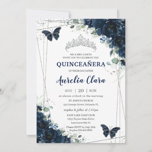 Quinceaera Navy Blue Floral Butterflies Silver Invitation