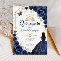 Quinceanera Navy Blue Floral Dress Gold