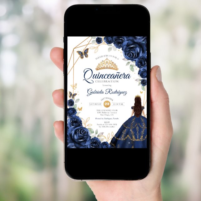 Quinceanera Navy Blue Floral Dress Gold Invitation (Front Digital)
