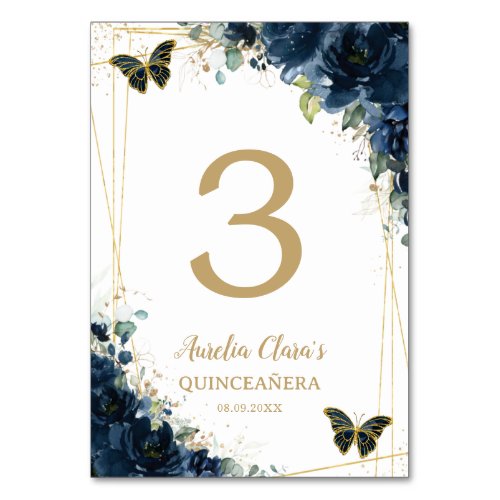 Quinceaera Navy Blue Floral Gold Butterflies Table Number