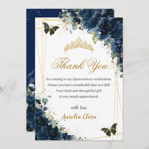 Quinceaera Navy Blue Floral Gold Butterflies Thank You Card