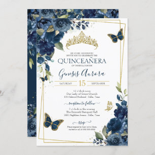 Quinceañera Navy Blue Floral Gold Butterfly Invitation