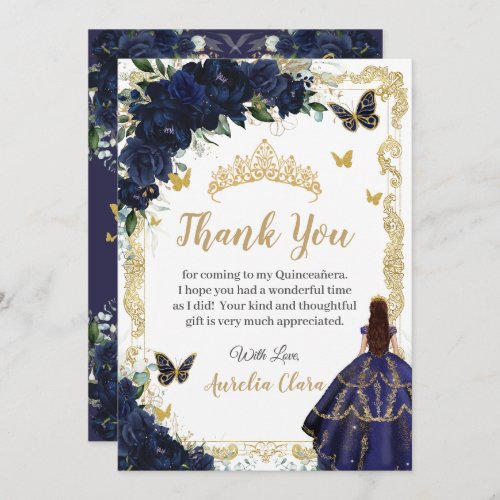 Quincea&#241;era Navy Blue Floral Gold Princess 15 16 Thank You Card