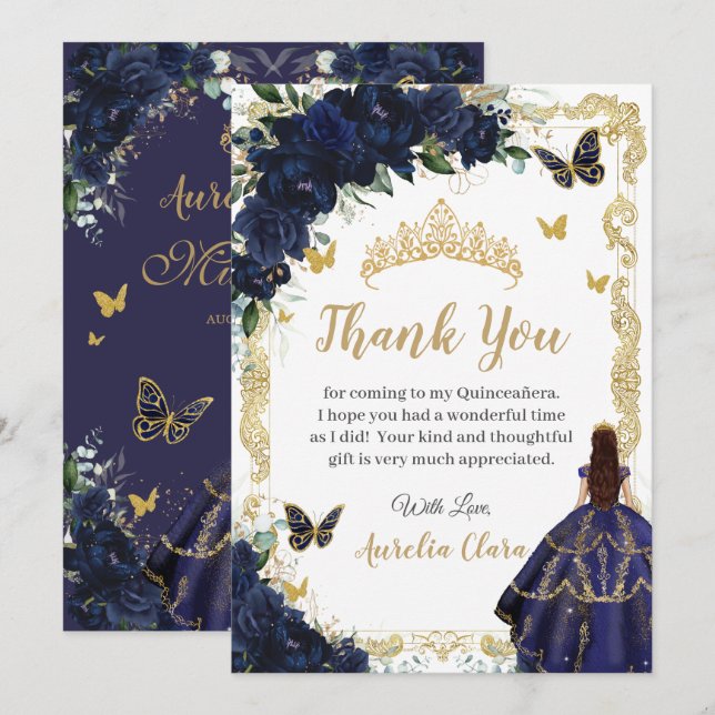 Quinceañera Navy Blue Floral Gold Princess 15 16 Thank You Card (Front/Back)