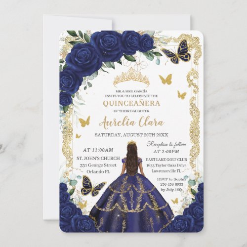 Quinceaera Navy Blue Floral Gold Princess  Invitation