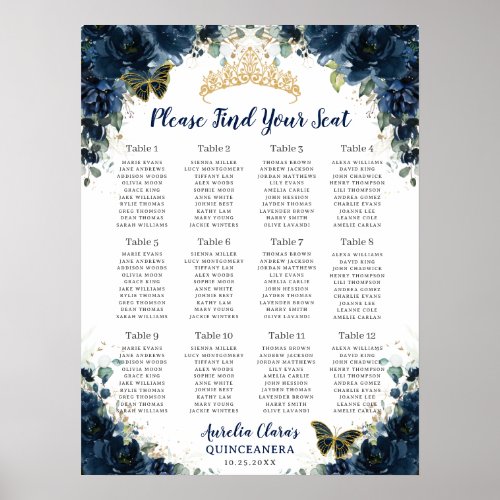 Quinceaera Navy Blue Floral Gold Seating Chart