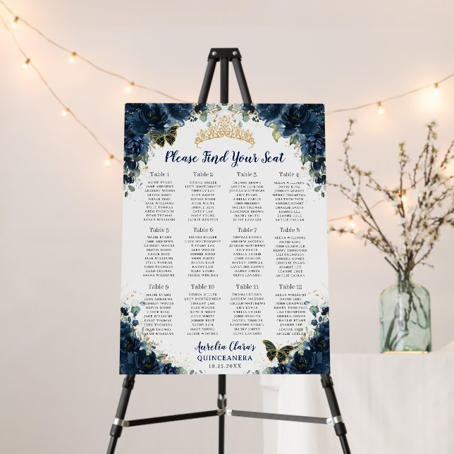 Quinceañera Navy Blue Floral Gold Seating Chart Foam Board (In Situ (Stand))
