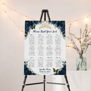 Quinceañera Navy Blue Floral Gold Seating Chart Foam Board
