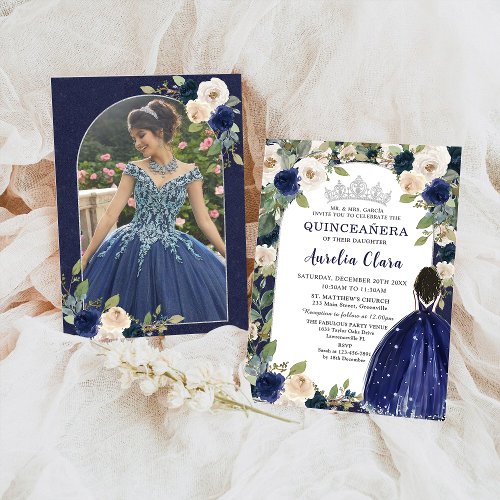 Quinceaera Navy Blue Floral Princess Birthday Invitation