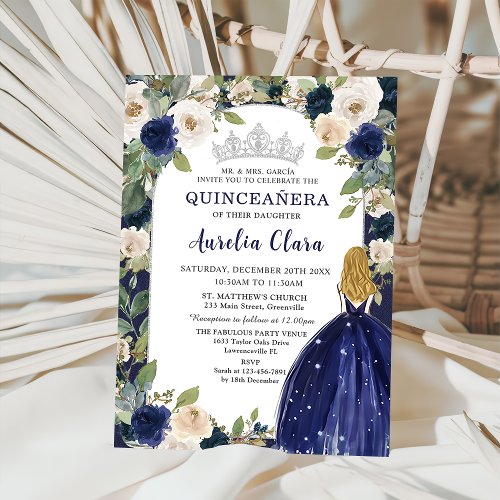 Quinceaera Navy Blue Floral Princess Birthday Invitation