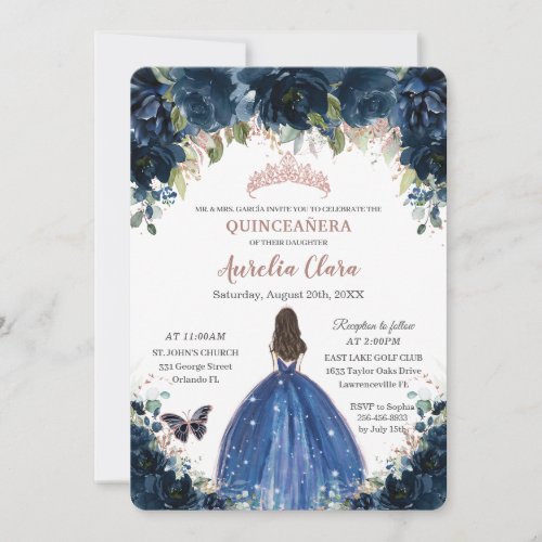 Quinceaera Navy Blue Floral Princess Rose Gold Invitation