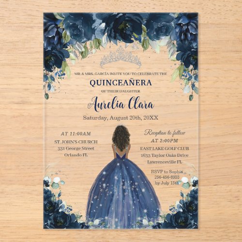 Quinceanera Navy Blue Floral Silver Brown Princess