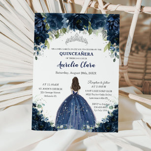 Quinceañera Navy Blue Floral Silver Princess Crown Invitation