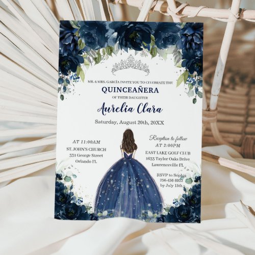 Quinceaera Navy Blue Floral Silver Princess Crown Invitation