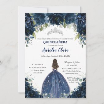 Quinceañera Navy Blue Floral Silver Princess Crown Invitation | Zazzle