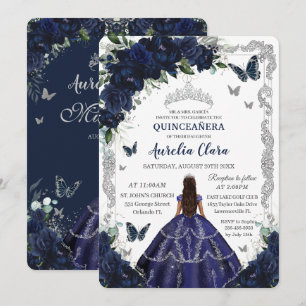 Quinceañera Navy Blue Floral Silver Princess  Invitation