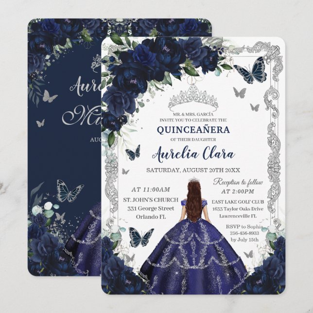 Quinceanera Navy Blue Floral Silver Princess  Invitation (Front/Back)