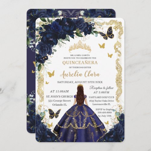 Quinceaera Navy Blue Flowers Gold Princess  Invitation