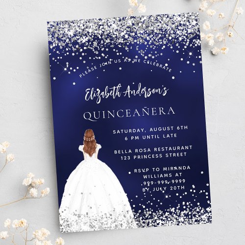 Quinceanera navy blue glitter dress invitation postcard