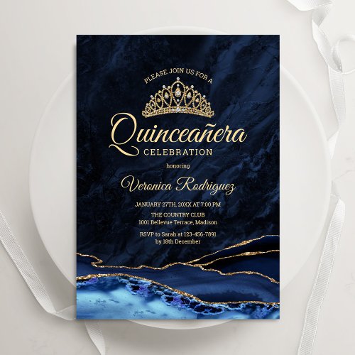 Quinceanera Navy Blue Gold Agate Marble Invitation