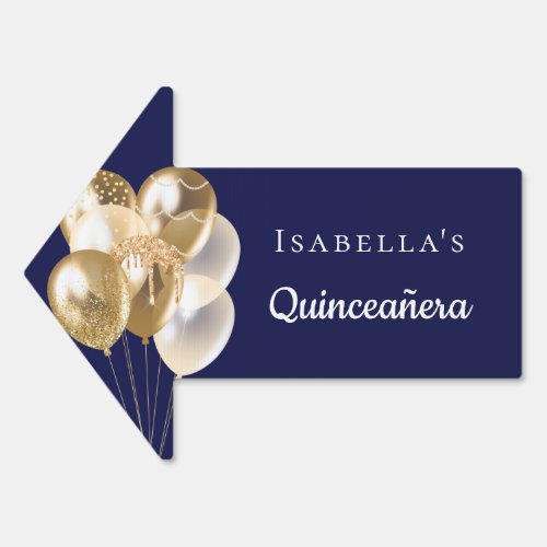 Quinceanera navy blue gold balloons name arrow sign