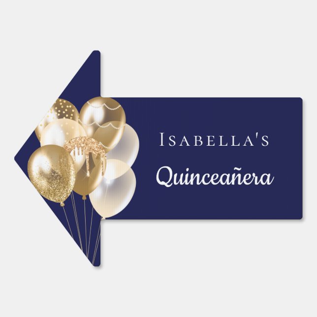 Quinceanera navy blue gold balloons name arrow sign (Front)