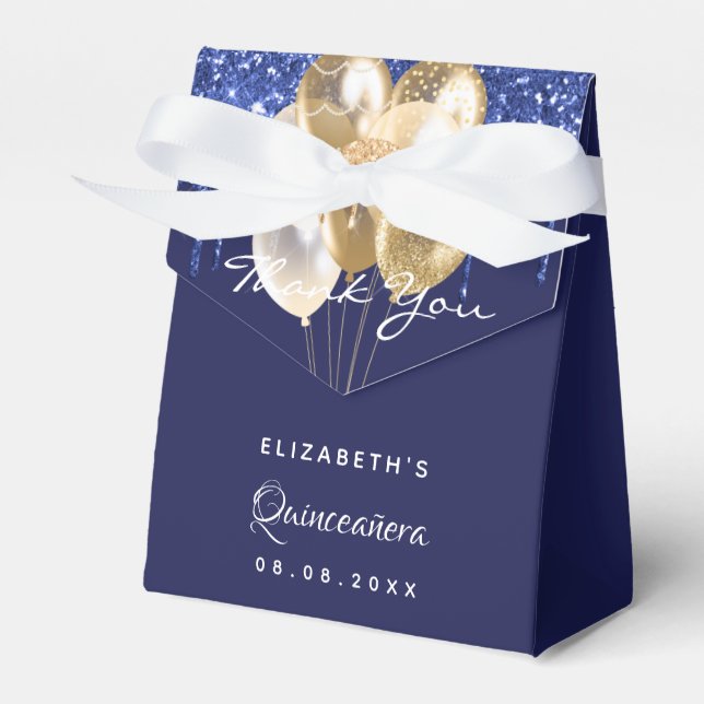 Quinceanera navy blue gold balloons thank you favor boxes (Front Side)