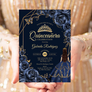 Quinceanera Navy Blue Gold Butterfly Dress Floral Invitation