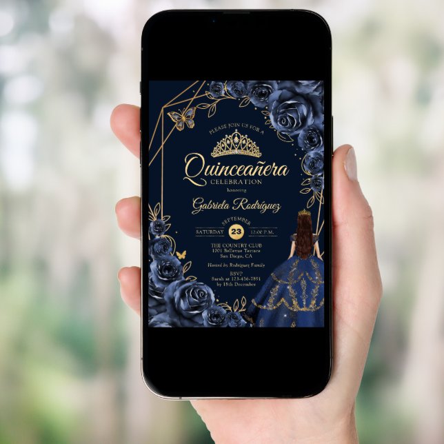 Quinceanera Navy Blue Gold Butterfly Dress Floral Invitation (Front Digital)
