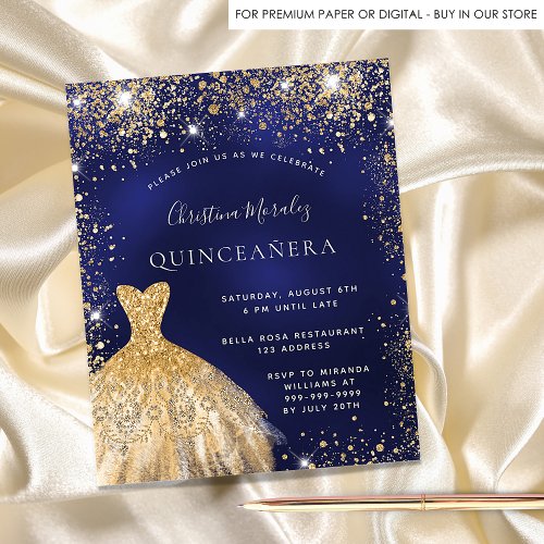 Quinceanera navy blue gold dress budget invitation