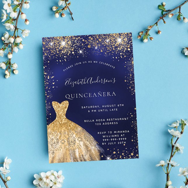 Quinceanera navy blue gold dress glamorous invitation (Creator Uploaded)