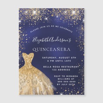 Quinceanera navy blue gold dress invitation magnet | Zazzle