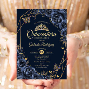 Quinceanera Navy Blue Gold Floral Butterfly Invitation