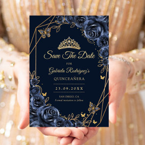 Quinceanera Navy Blue Gold Floral Butterfly Save The Date
