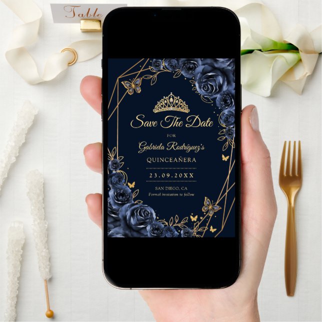 Quinceanera Navy Blue Gold Floral Butterfly Save The Date (Front Digital)