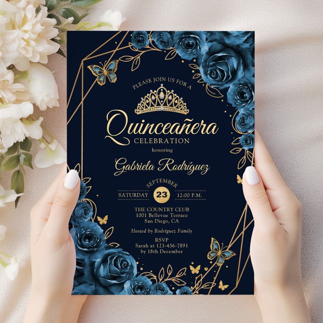 Quinceanera Navy Blue Gold Floral Invitation (Creator Uploaded)