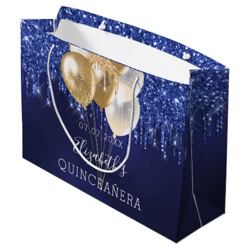 Quinceanera navy blue gold glitter drips balloons large gift bag