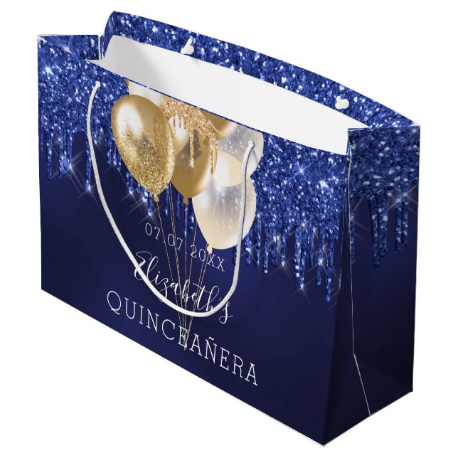 Quinceanera navy blue gold glitter drips balloons large gift bag (Back Angled)