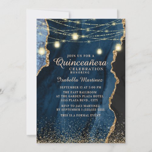 Quinceaera Navy Blue Gold Glitter String Lights Invitation